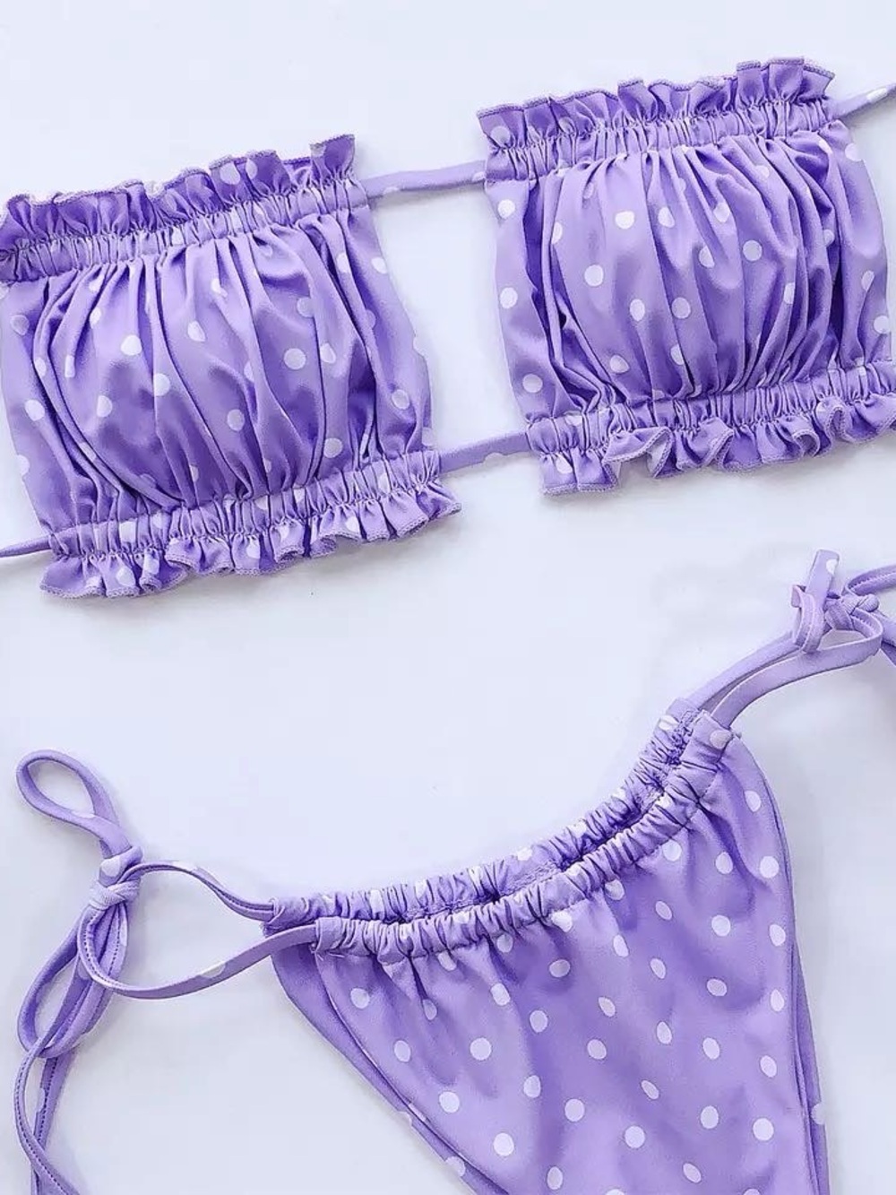 Lilac Polka Dot Ruched Bikini Set